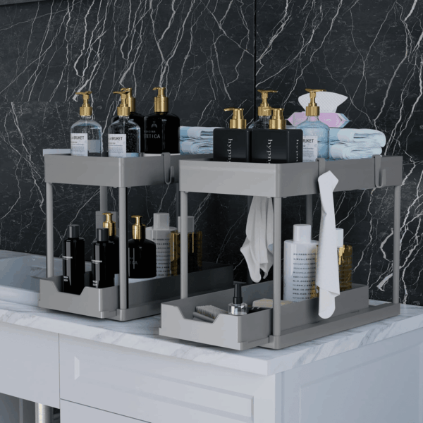 Under Sink Organizer 2 Pack，Bathroom Cabinet Organizer，2 Tier Sliding Cabinet Basket Organizer Drawer, Multi-Purpose Bath Collection Baskets for Bathroom (Grey) - Image 4