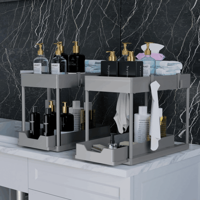Under Sink Organizer 2 Pack，Bathroom Cabinet Organizer，2 Tier Sliding Cabinet Basket Organizer Drawer, Multi-Purpose Bath Collection Baskets for Bathroom (Grey) - Image 4