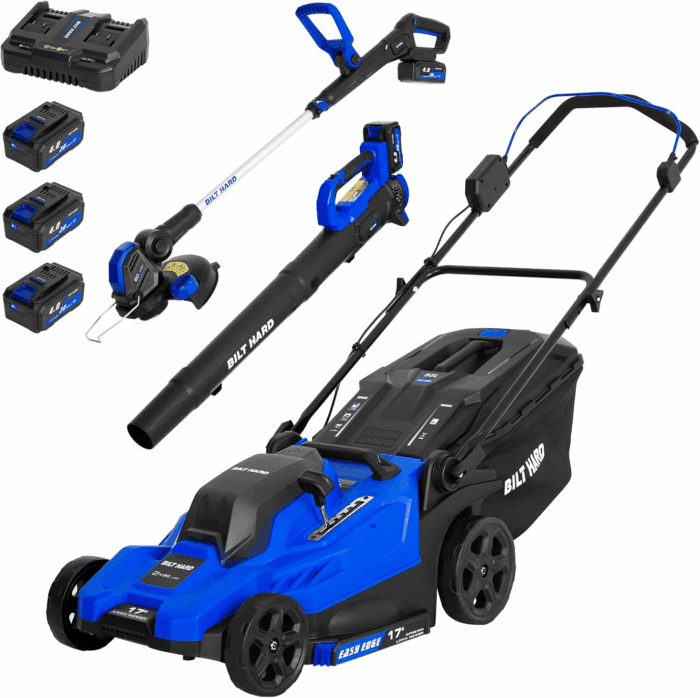 40V 17" Brushless Cordless Lawn Mower, 2-In-1 12" String Trimmer & Edger and Leaf Blower Combo Set, Electric Battery Lawn Mower Set with 3 X 4.0Ah Batteries and Dual Charger