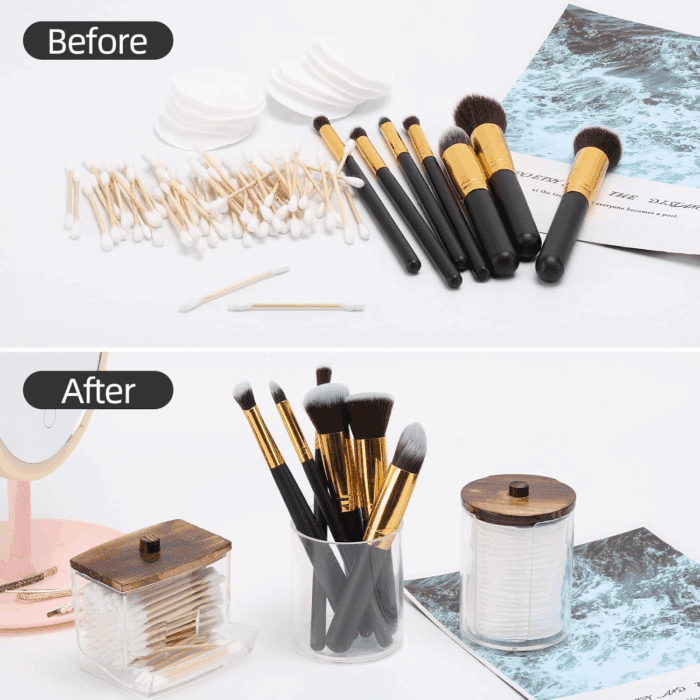 Bathroom Organizer Accessories Set-10 OZ,7 OZ Qtips Holder Storage with Wood Lids, Cotton Ball/Swabs Dispenser, Apothecary Container Jar 3 Pcs - Image 5