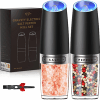 Gravity Electric Salt and Pepper Grinder Set Automatic Shakers Mill Grinder with LED Light, BATTERY POWERED Adjustable Coarseness One Hand Operation, Upgraded Larger Capacity
