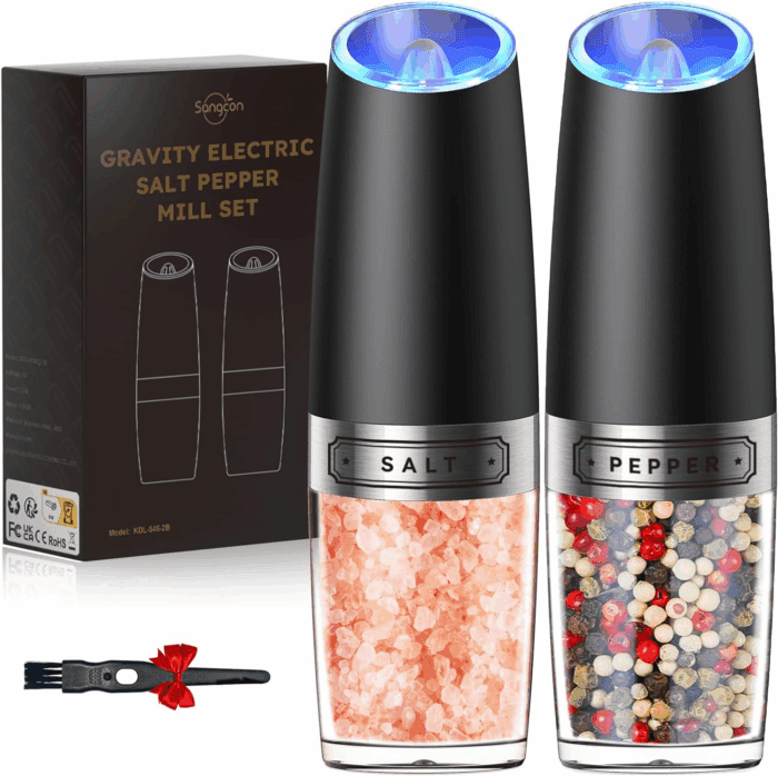 Gravity Electric Salt and Pepper Grinder Set Automatic Shakers Mill Grinder with LED Light, BATTERY POWERED Adjustable Coarseness One Hand Operation, Upgraded Larger Capacity
