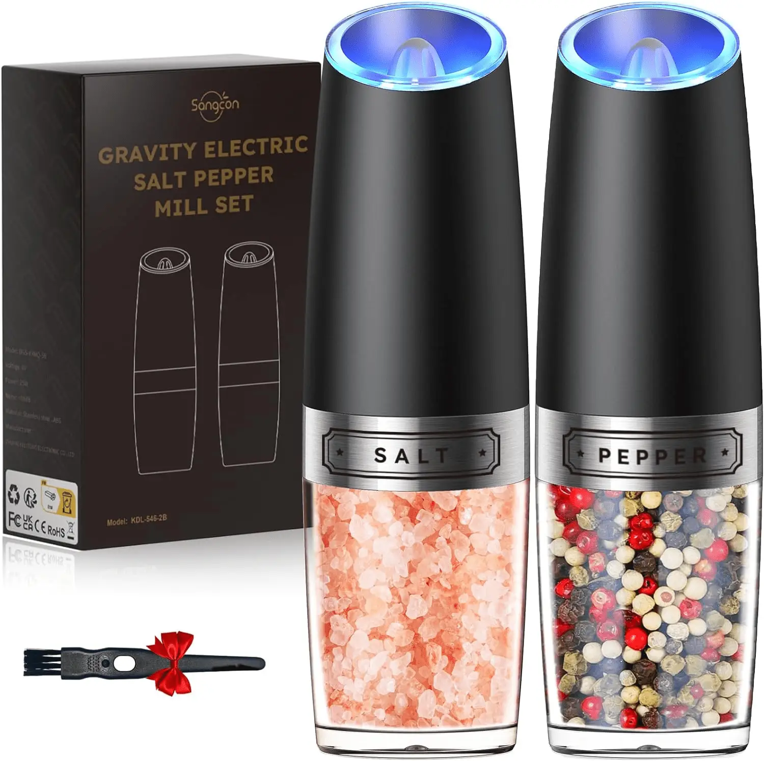 Gravity Electric Salt and Pepper Grinder Set Automatic Shakers Mill Grinder with LED Light, BATTERY POWERED Adjustable Coarseness One Hand Operation, Upgraded Larger Capacity