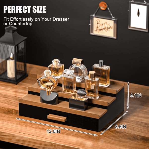 Cologne Organizer for Men – 3-Tier Perfume Display Shelf with Drawer and Hidden Storage, Elegant Cologne Holder, Great Gift for Men and Fathers (3T-Blackwalnut) - Image 3