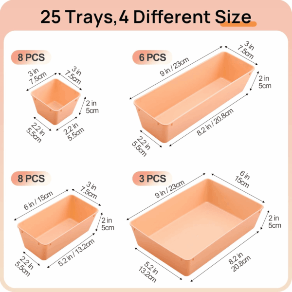 25 PCS Plastic Drawer Organizers Set, 4-Size Versatile Bathroom and Vanity Drawer Organizer Trays, Storage Bins for Makeup, Bedroom, Kitchen Gadgets Utensils and Office - Image 2