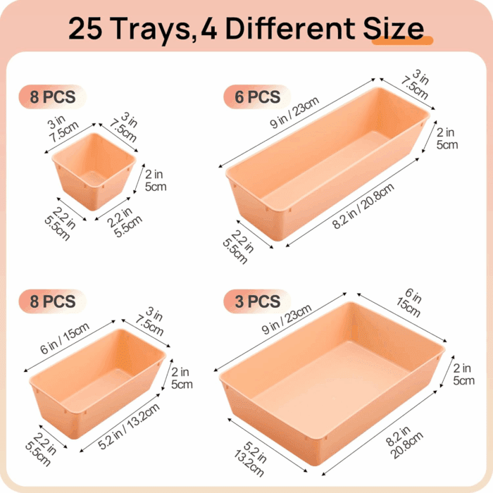 25 PCS Plastic Drawer Organizers Set, 4-Size Versatile Bathroom and Vanity Drawer Organizer Trays, Storage Bins for Makeup, Bedroom, Kitchen Gadgets Utensils and Office - Image 2