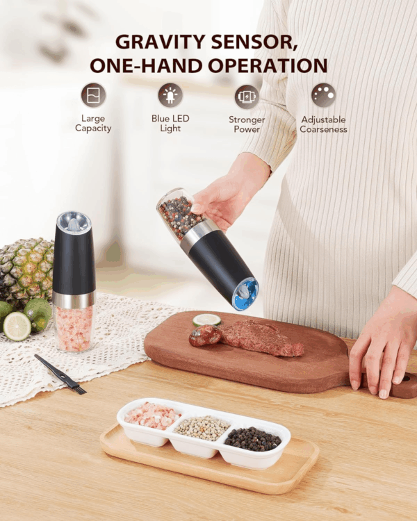 Gravity Electric Salt and Pepper Grinder Set Automatic Shakers Mill Grinder with LED Light, BATTERY POWERED Adjustable Coarseness One Hand Operation, Upgraded Larger Capacity - Image 2