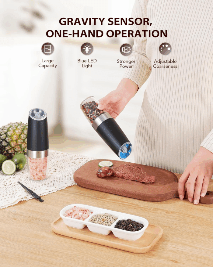 Gravity Electric Salt and Pepper Grinder Set Automatic Shakers Mill Grinder with LED Light, BATTERY POWERED Adjustable Coarseness One Hand Operation, Upgraded Larger Capacity - Image 2