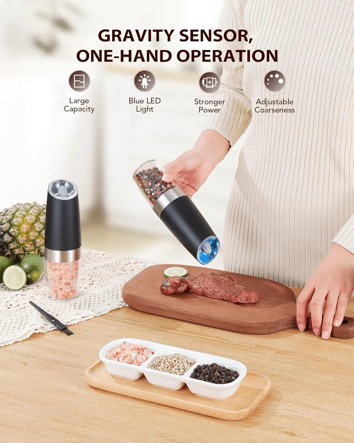 Gravity Electric Salt and Pepper Grinder Set Automatic Shakers Mill Grinder with LED Light, BATTERY POWERED Adjustable Coarseness One Hand Operation, Upgraded Larger Capacity - Image 2
