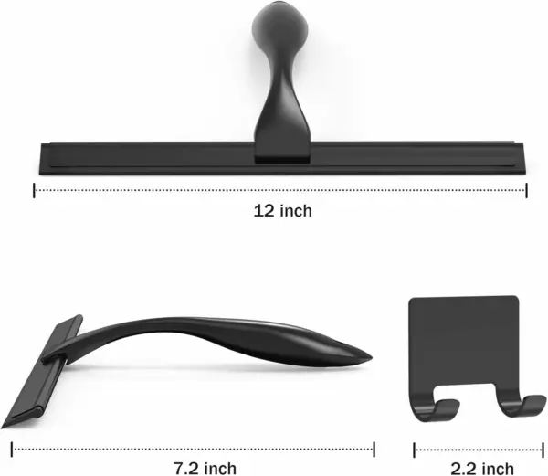 All-Purpose Stainless Steel Shower Squeegee for Shower Glass Door with Adhesive Hook, Bathroom Cleaner Tool Household Window Mirror Squeegee for Glass Doors, Cleaning Tile Wall, Car, 12 Inch, Black - Image 2