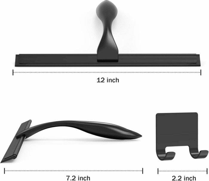 All-Purpose Stainless Steel Shower Squeegee for Shower Glass Door with Adhesive Hook, Bathroom Cleaner Tool Household Window Mirror Squeegee for Glass Doors, Cleaning Tile Wall, Car, 12 Inch, Black - Image 2