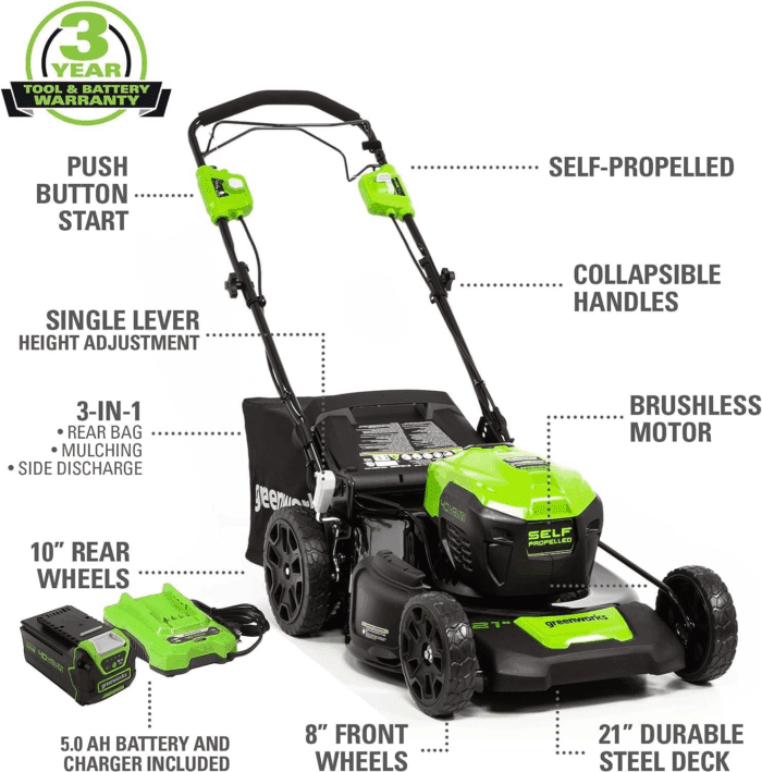 40V 21" Self-Propelled Lawn Mower,Axial Leaf Blower(500 CFM / 120 MPH),13" String Trimmer with 2 Batteries(5Ah+2Ah) & Chargers - Image 2