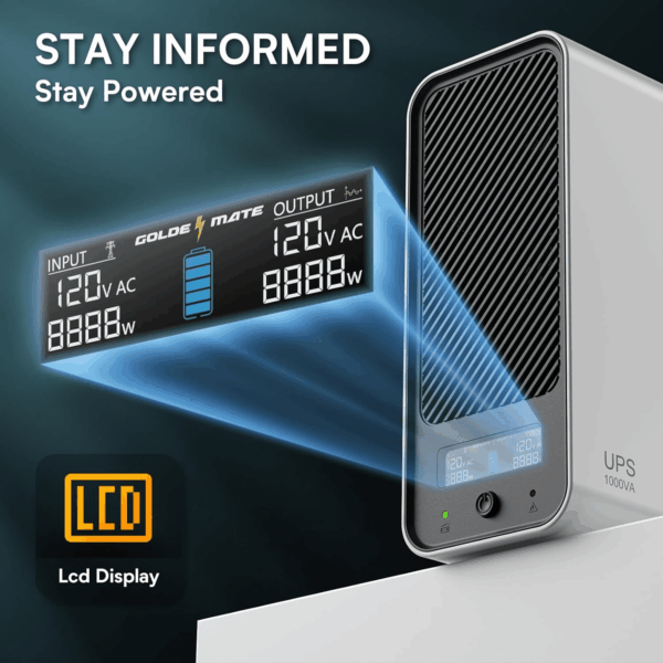 1000VA/800W Lithium UPS Battery Backup and Surge Protector, Backup Battery Power Supply with Lifepo4 Batteries(230.4 Wh), Sinewave UPS System, 10 Years Lifespan, 8 Outlets, LCD Display - Image 7