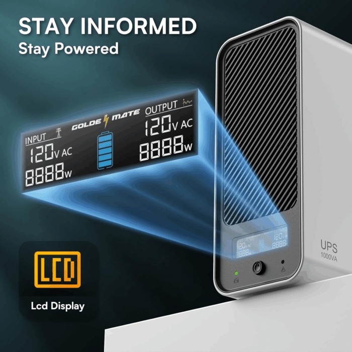 1000VA/800W Lithium UPS Battery Backup and Surge Protector, Backup Battery Power Supply with Lifepo4 Batteries(230.4 Wh), Sinewave UPS System, 10 Years Lifespan, 8 Outlets, LCD Display - Image 7