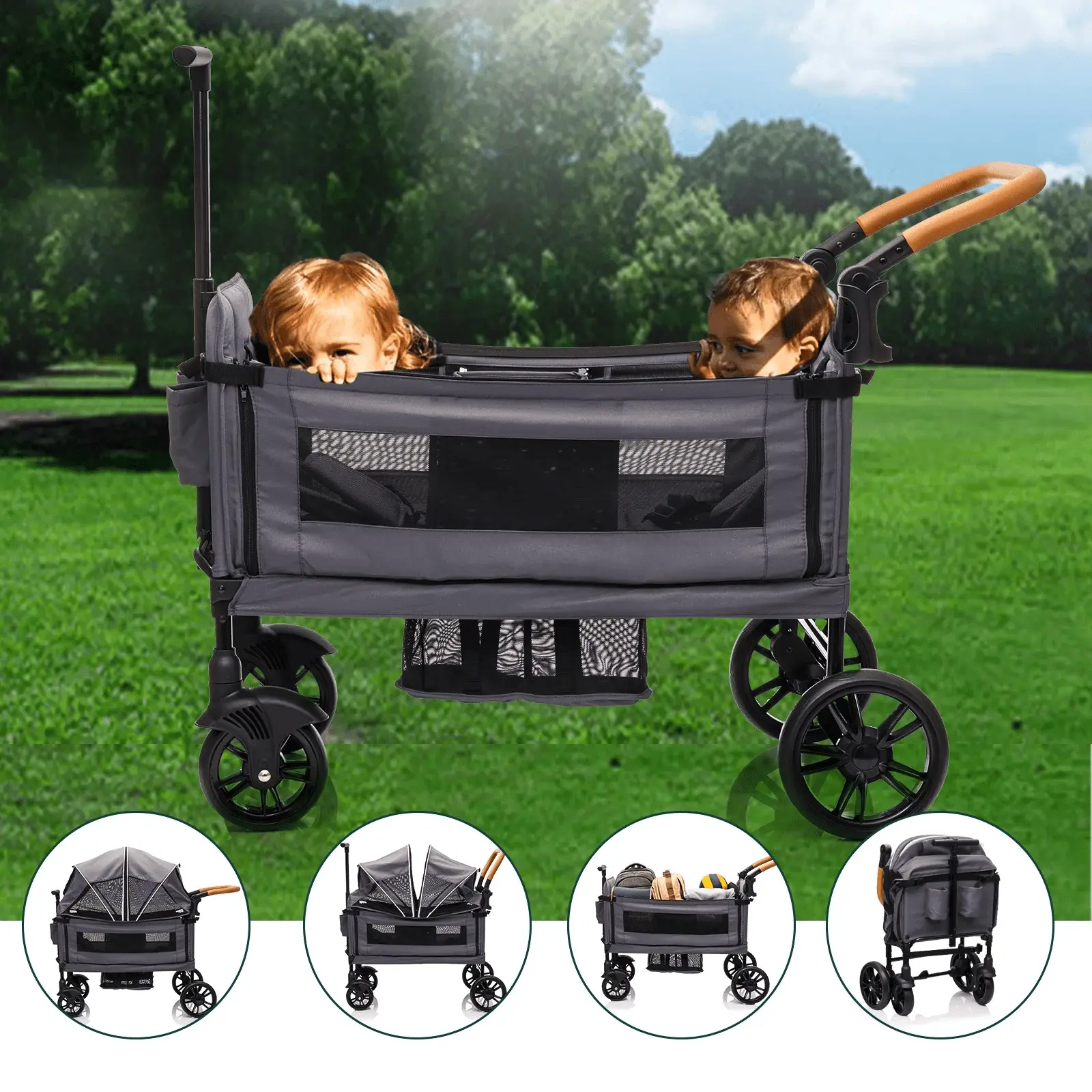 Wagon Stroller for 2 Kids - Push-Pull Double Lightweight Folding Stroller for Toddler - Image 9