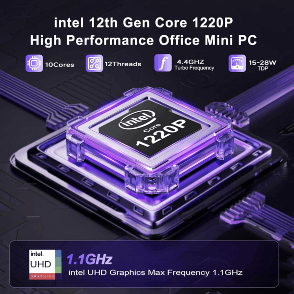 Eqi12 Dual LAN Mini PC, Intel Core 1220P(10C/12T, up to 4.4Ghz), 16GB DDR4 RAM 500GB Pcie4.0 SSD, Mini Desktop Computer Support Wifi 6/ BT5.2/ Dual Hdmi/Bulit-In 85W Power Supply - Image 3