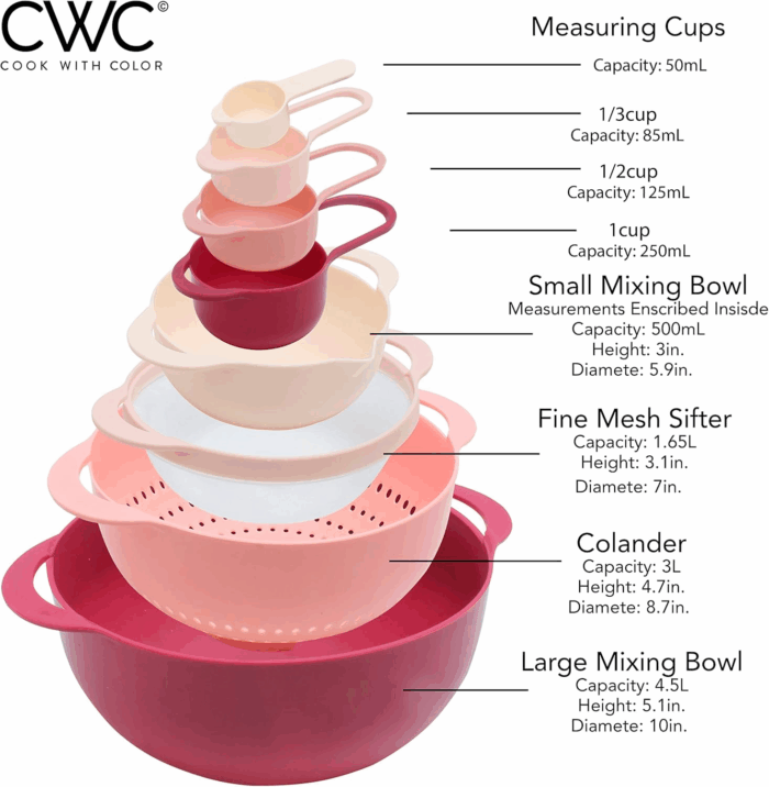 Nesting Bowls with Measuring Cups Colander and Sifter Set - Includes Mixing Bowls, Colander, Sifter and Measuring Cups, Rose, 8 Pc Bowl - Image 3