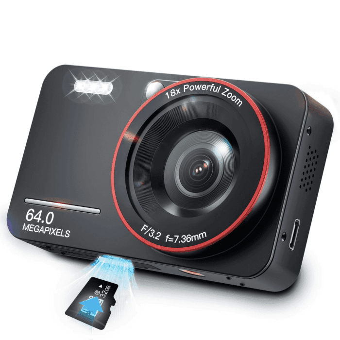64MP 4K Digital Camera, 2.8" Screen 18X Digital Zoom anti Shake Compact Retro Camera, Vlogging Camera for Kids Teens Seniors with 32GB Card（Black）