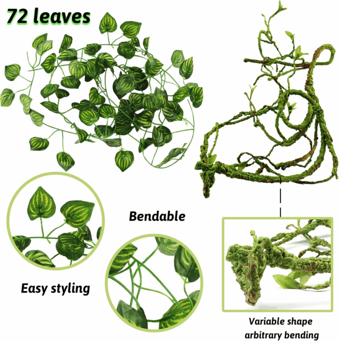 Reptile Plants, Terrarium Hanging Plant Vines Artificial Leaves Reptile Hide, Leopard Gecko Tank Accessories, Terrarium Decorations for Bearded Dragon Lizard Snake Geckos Chameleon - Image 4