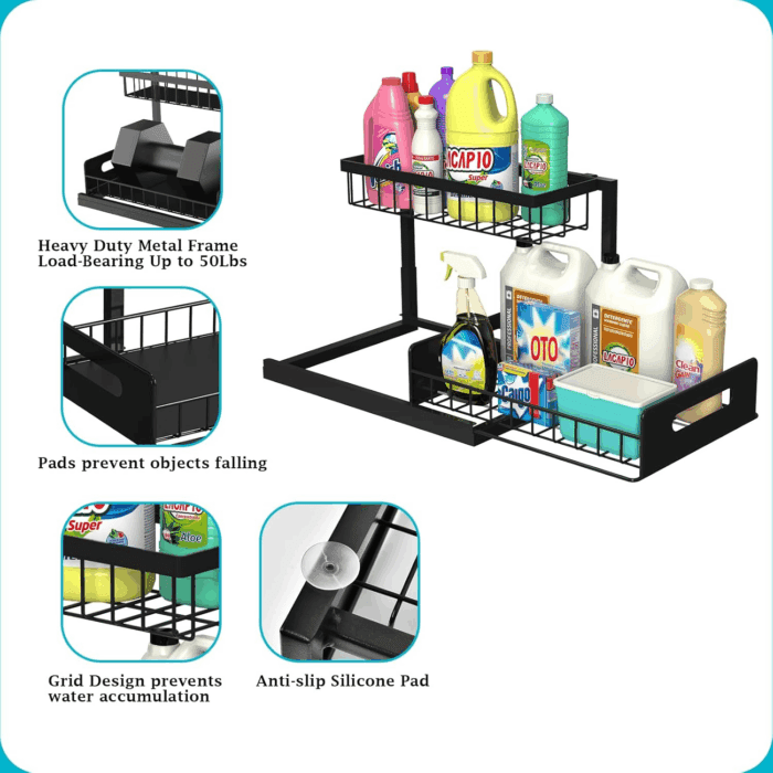 under Sink Organizer, Pull Out Cabinet Storage 2 Tier Slide Out Sink Shelf, Kitchen Organizers and Storage, Black, 1 Pack - Image 6
