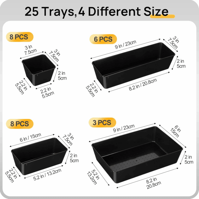 25 PCS Office Desk Drawer Organizers Set, 4-Size Versatile Plastic Drawer Organizer Trays, Storage Bins for Desk Accessories Office Organizers and Storage, Bathroom, Makeup, Vanity, Black - Image 7