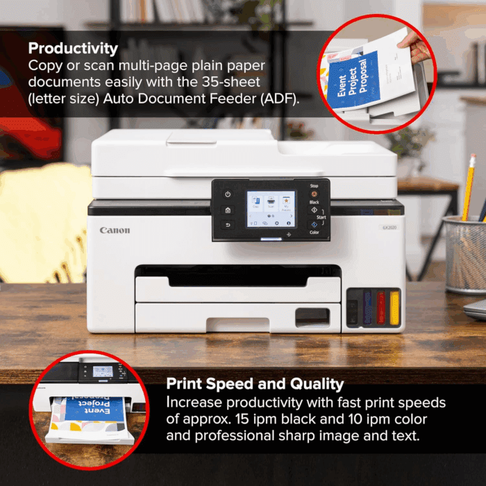 Megatank GX2020 All-In-One Wireless Supertank [Megatank] Printer | Print, Copy and Scan| Mobile Printing |2.7" LCD Color Touchscreen | Auto Document Feeder and Auto Duplex Printing - Image 2