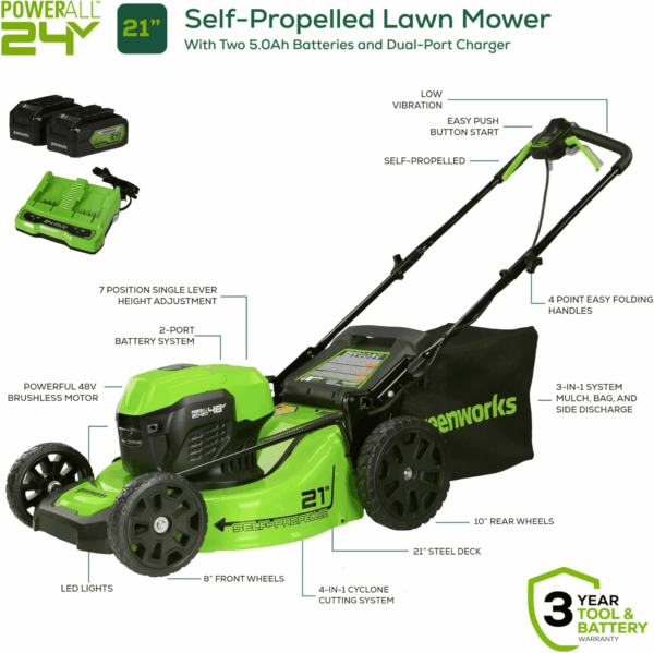Cordless Mower Combo Kit - 48V (2X24V) 21" Self-Propelled Mower, 24V 320 CFM Blower, 24V 12" String Trimmer/Edger - Batteries & Chargers Included | 3-In-1 Yard Tool Bundle - Image 2
