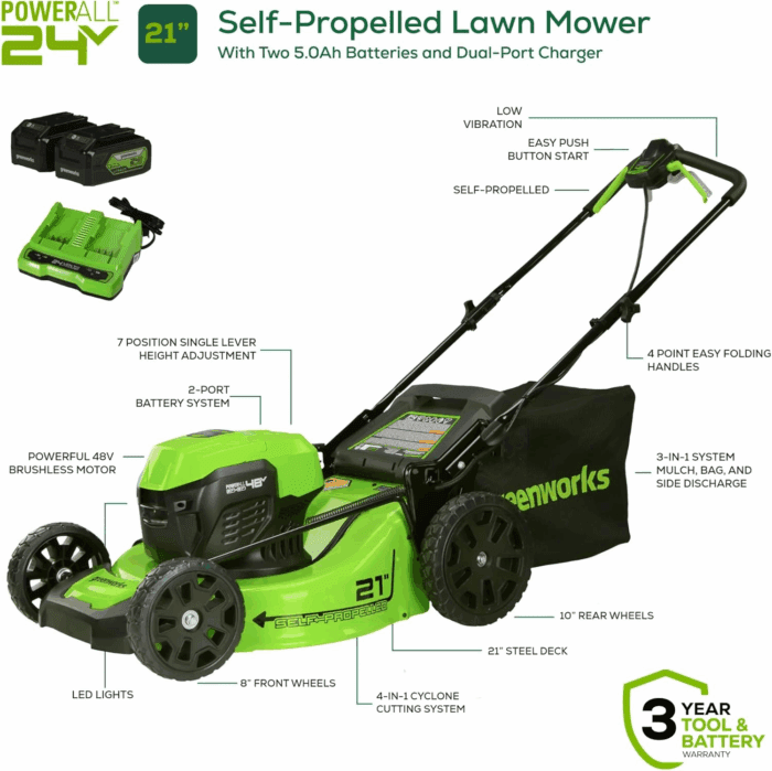 Cordless Mower Combo Kit - 48V (2X24V) 21" Self-Propelled Mower, 24V 320 CFM Blower, 24V 12" String Trimmer/Edger - Batteries & Chargers Included | 3-In-1 Yard Tool Bundle - Image 2