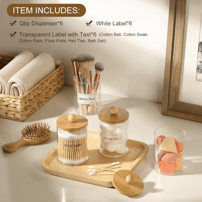 6-Pack Bamboo Qtip Holders - Bathroom Storage for Cotton Balls, Swabs, Pads, Floss - Image 2