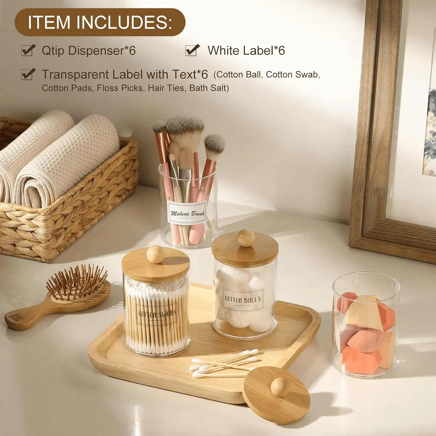 6-Pack Bamboo Qtip Holders - Bathroom Storage for Cotton Balls, Swabs, Pads, Floss - Image 2