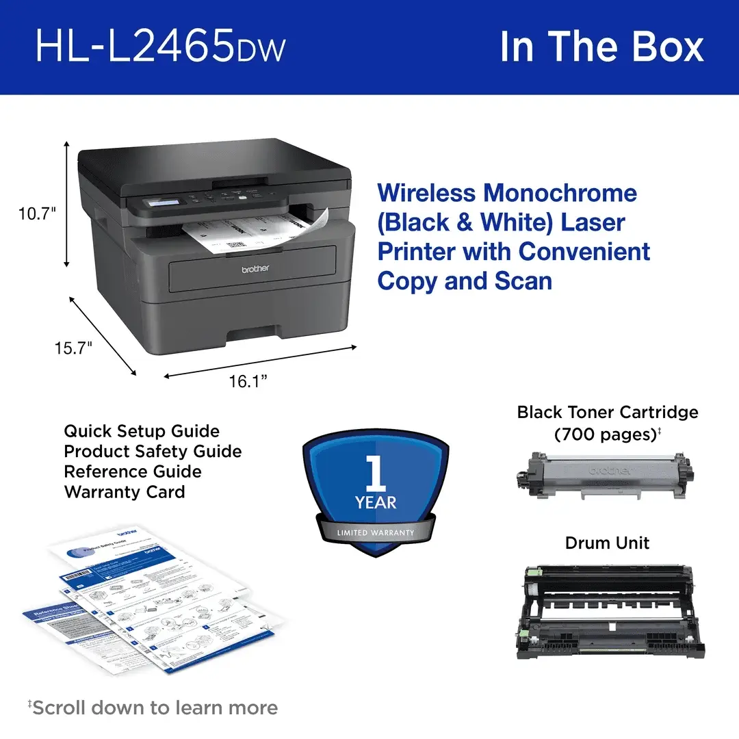 Wireless HL-L2465DW Compact Monochrome Multi-Function Laser Printer with Print, Copy and Scan, Duplex and Mobile Printing - Image 9