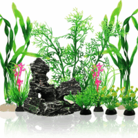 Fish Tank Accessories Aquarium Decorations Plants, 9Pcs Green Fish Tank Decorations Plants and Cave Rock Decoration Decor Set, Aquarium Decor Plastic Plants