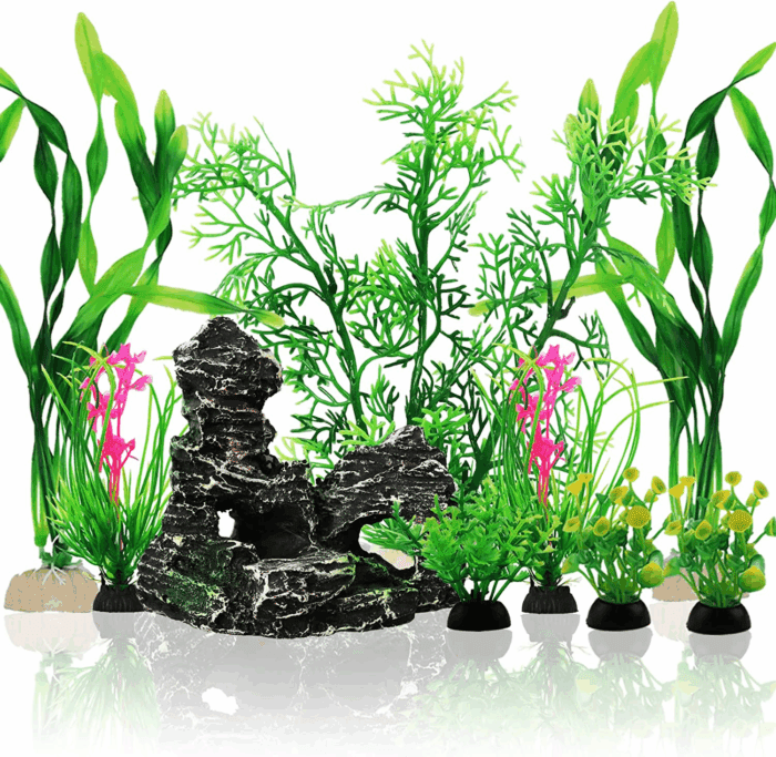 Fish Tank Accessories Aquarium Decorations Plants, 9Pcs Green Fish Tank Decorations Plants and Cave Rock Decoration Decor Set, Aquarium Decor Plastic Plants
