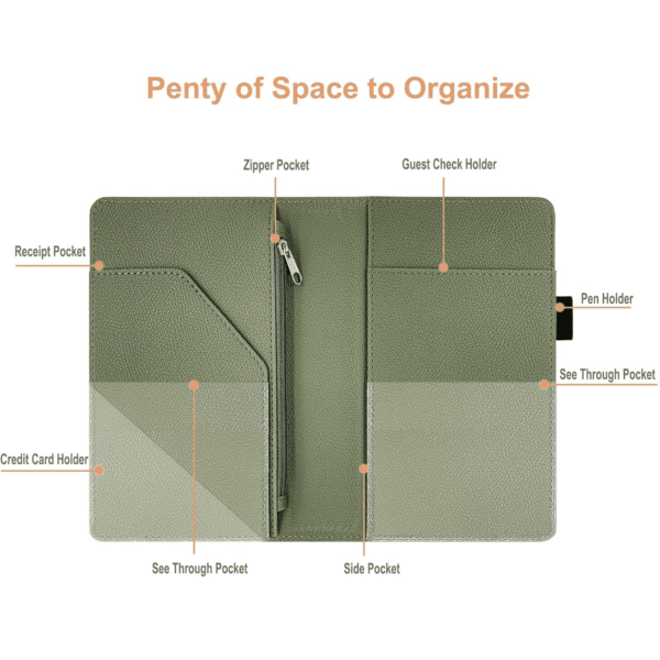 Server Book with Zipper Pocket, Premium Leather Server Books for Waitress, Waiter Wallet Waitress Book Fit Server Apron, Agave Green - Image 3