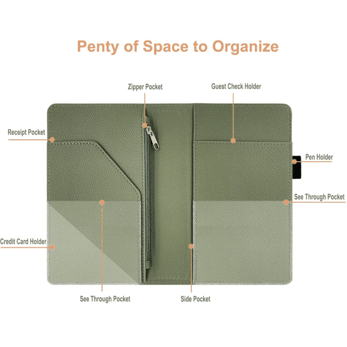 Server Book with Zipper Pocket, Premium Leather Server Books for Waitress, Waiter Wallet Waitress Book Fit Server Apron, Agave Green - Image 3
