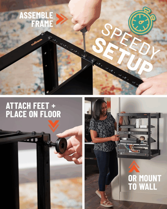 15U Open Frame Rack for Servers & AV Gear - Wall Mountable Design Includes 2X Vented Shelves, 25X Rack Mounting Screws, 4X Leveling Feet, 4X Shelf Stops, & 2X Securement Straps - Image 6