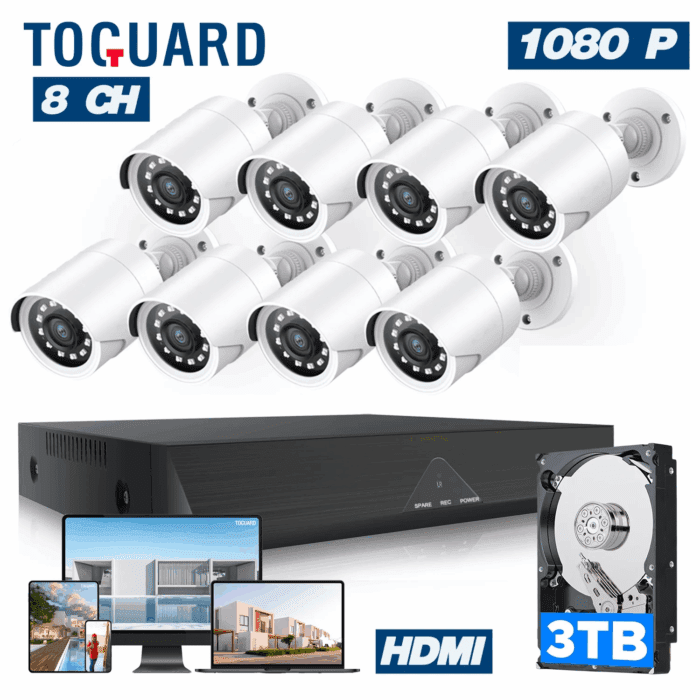 SC35 8CH Wired Security Camera System Outdoor with 3TB Hard Drive 8Pcs 1080P Bullet Surveillance Cameras HDMI Connector