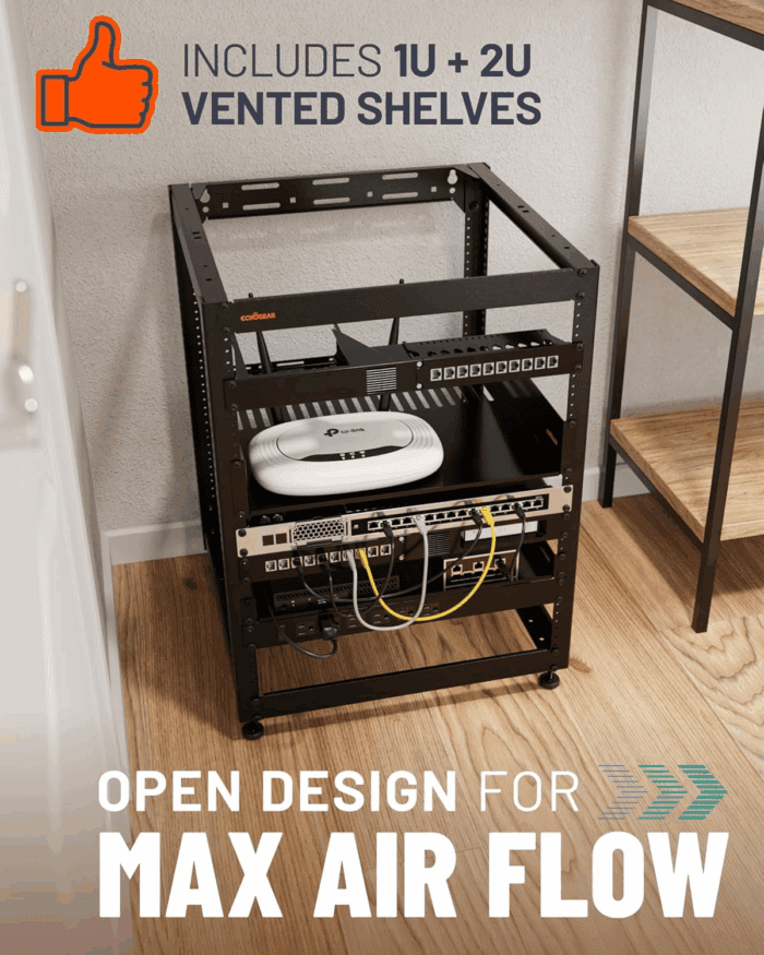 15U Open Frame Rack for Servers & AV Gear - Wall Mountable Design Includes 2X Vented Shelves, 25X Rack Mounting Screws, 4X Leveling Feet, 4X Shelf Stops, & 2X Securement Straps - Image 3