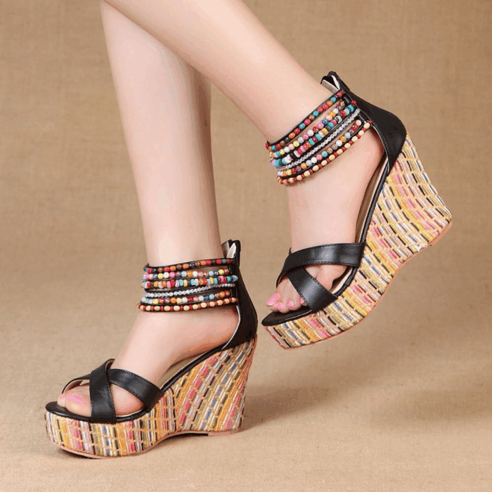 Women'S Wedge Sandals with Pearls across the Top Platform Sandals High Heels - Image 5