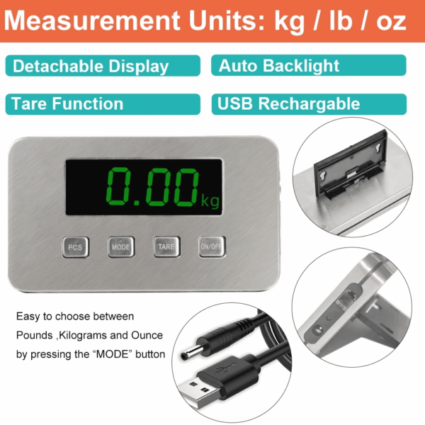 440Lbs X 0.1 Oz Digital Shipping Postal Scale Stainless Steel Large Platform Industrial Post Office Bathroom Pet Scale Heavy Duty with Rechargerable Battery - Image 4