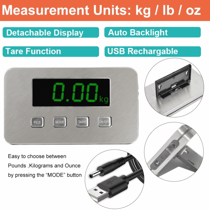 440Lbs X 0.1 Oz Digital Shipping Postal Scale Stainless Steel Large Platform Industrial Post Office Bathroom Pet Scale Heavy Duty with Rechargerable Battery - Image 4