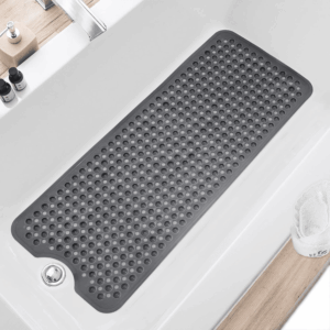 Bath Tub and Shower Mats, Non Slip 40 X 16 Inch Extra Large Bathtub Mat, Machine Washable Bathmat with Drain Holes, Suction Cups for Bathroom Floor, Clear Black