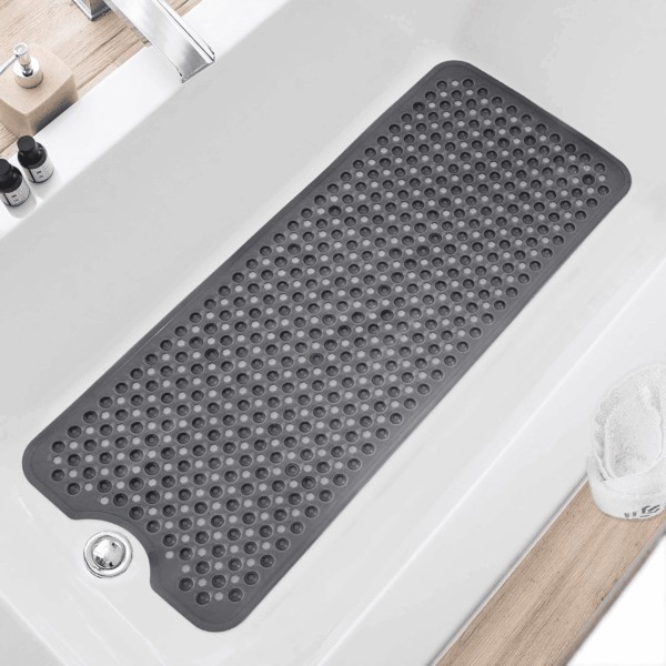 Bath Tub and Shower Mats, Non Slip 40 X 16 Inch Extra Large Bathtub Mat, Machine Washable Bathmat with Drain Holes, Suction Cups for Bathroom Floor, Clear Black