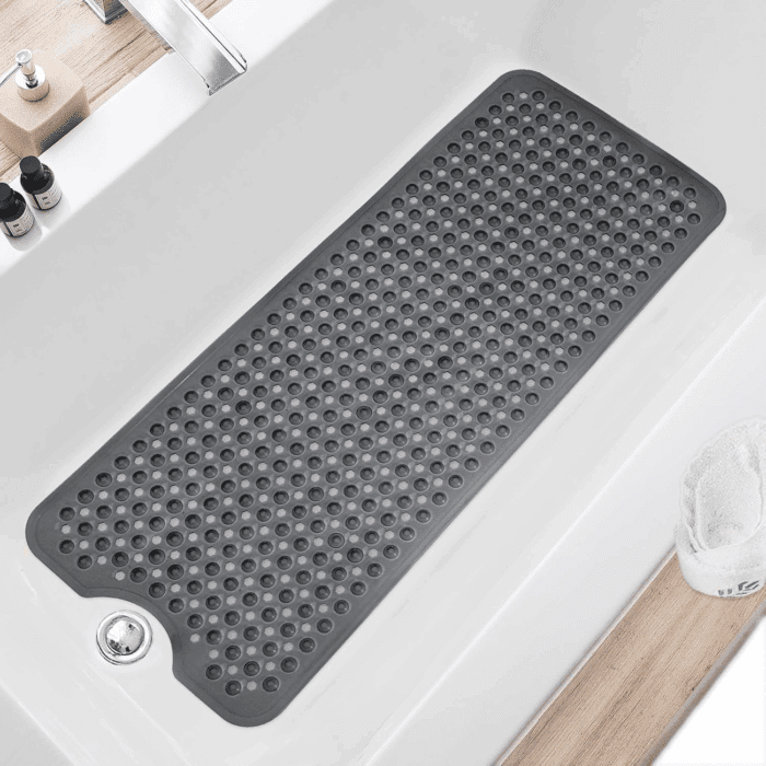 Bath Tub and Shower Mats, Non Slip 40 X 16 Inch Extra Large Bathtub Mat, Machine Washable Bathmat with Drain Holes, Suction Cups for Bathroom Floor, Clear Black