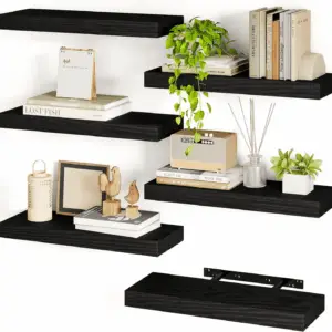 15.8In Black Floating Shelves, Set of 6 Wood Shelves, Farmhouse Shelf Wall Decor for Bathroom, Bedroom, Living and Kitchen Room