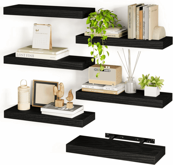 15.8In Black Floating Shelves, Set of 6 Wood Shelves, Farmhouse Shelf Wall Decor for Bathroom, Bedroom, Living and Kitchen Room