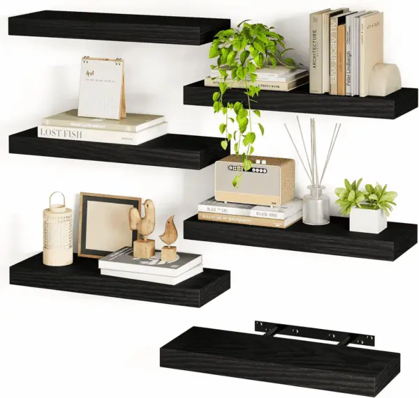 15.8In Black Floating Shelves, Set of 6 Wood Shelves, Farmhouse Shelf Wall Decor for Bathroom, Bedroom, Living and Kitchen Room