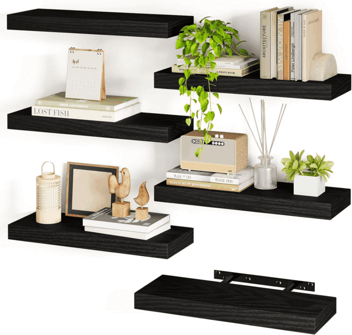 15.8In Black Floating Shelves, Set of 6 Wood Shelves, Farmhouse Shelf Wall Decor for Bathroom, Bedroom, Living and Kitchen Room