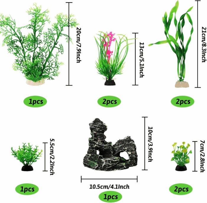 Fish Tank Accessories Aquarium Decorations Plants, 9Pcs Green Fish Tank Decorations Plants and Cave Rock Decoration Decor Set, Aquarium Decor Plastic Plants - Image 2