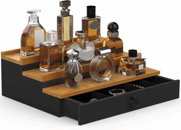 Cologne Organizer for Men, 3 Tier Wood Perfume Organizer with Felt Lining Drawer and Hidden Compartment Perfume Display Holder, a Gift for Men